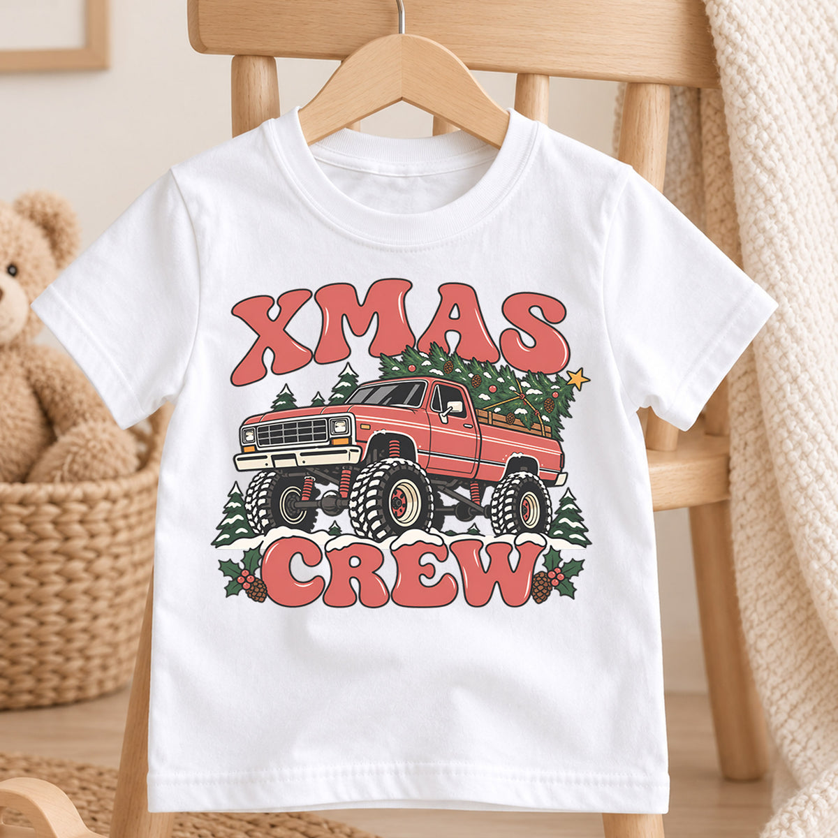 Retro Xmas Crew Shirt, Vintage Monster Truck Christmas T-Shirt, 4x4 Off Road Kids Holiday Tee, Toddler Christmas Tree Truck, Boys Xmas Gift — product view 4