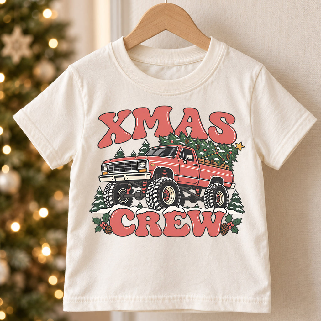 Retro Xmas Crew Shirt, Vintage Monster Truck Christmas T-Shirt, 4x4 Off Road Kids Holiday Tee, Toddler Christmas Tree Truck, Boys Xmas Gift — product view 5
