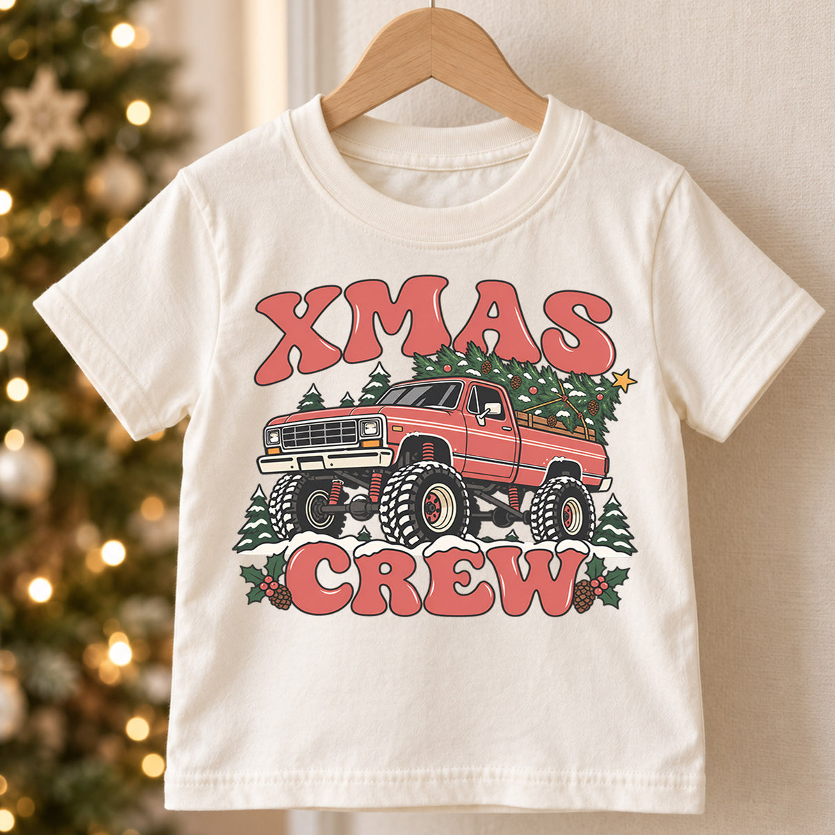 Retro Xmas Crew Shirt, Vintage Monster Truck Christmas T-Shirt, 4x4 Off Road Kids Holiday Tee, Toddler Christmas Tree Truck, Boys Xmas Gift — product view 5