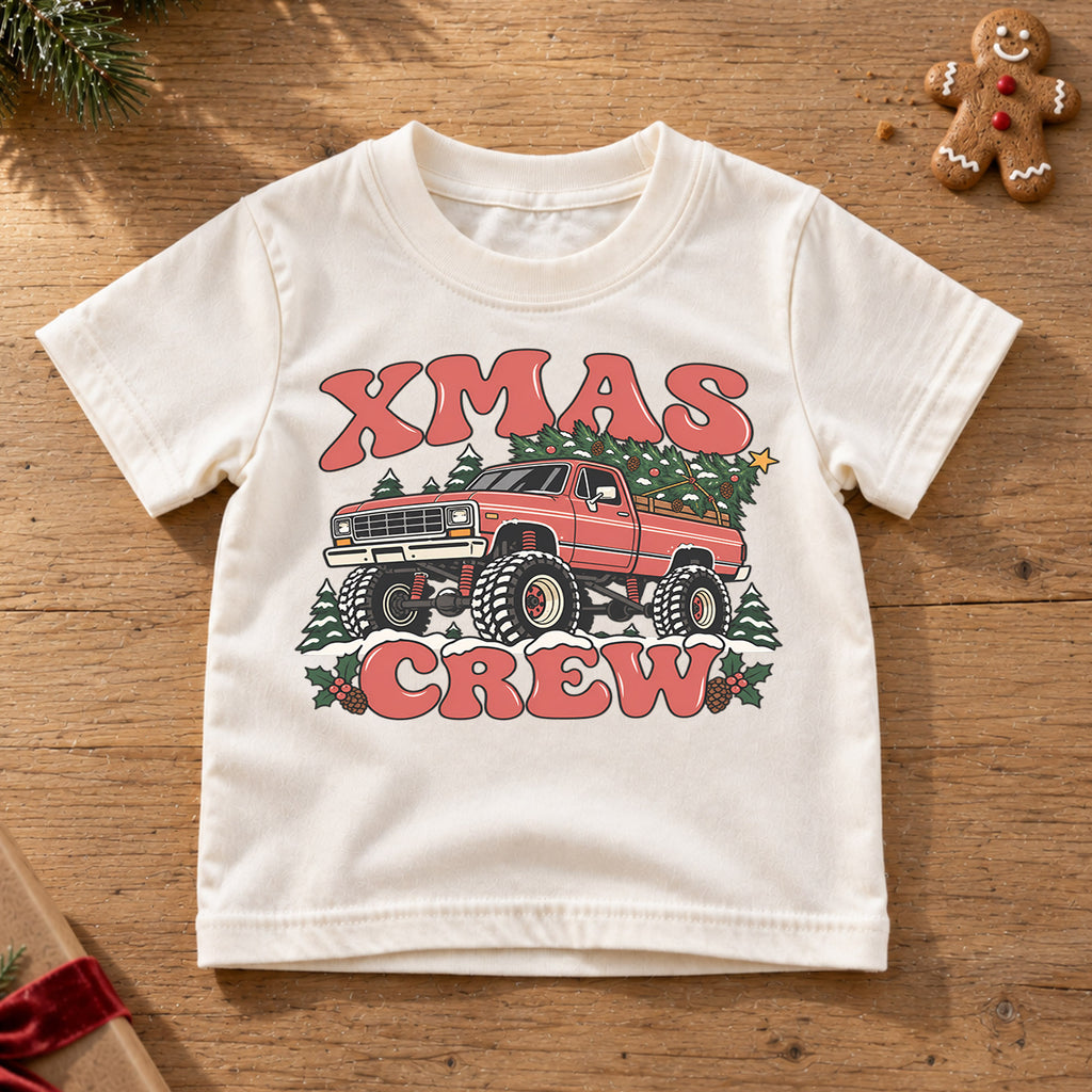 Retro Xmas Crew Shirt, Vintage Monster Truck Christmas T-Shirt, 4x4 Off Road Kids Holiday Tee, Toddler Christmas Tree Truck, Boys Xmas Gift — product view 6