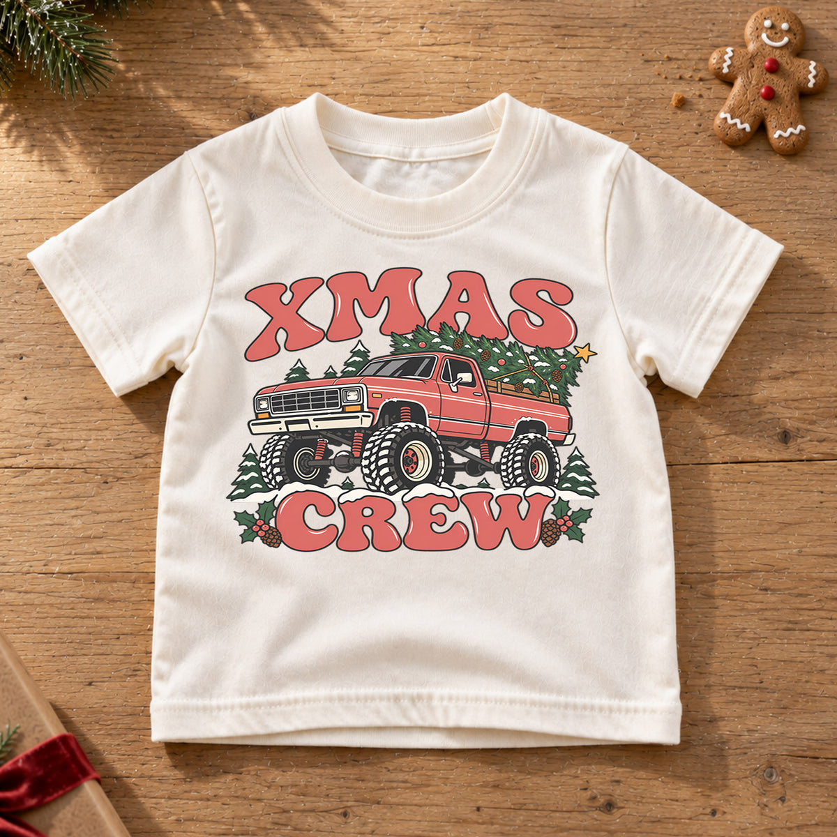 Retro Xmas Crew Shirt, Vintage Monster Truck Christmas T-Shirt, 4x4 Off Road Kids Holiday Tee, Toddler Christmas Tree Truck, Boys Xmas Gift — product view 6