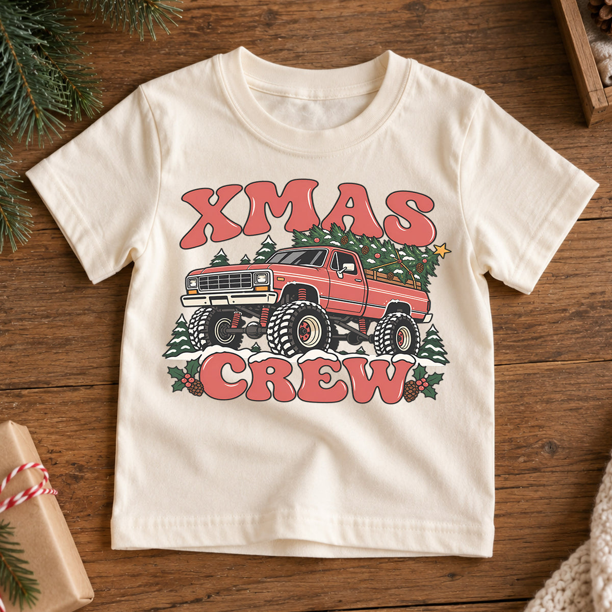 Retro Xmas Crew Shirt, Vintage Monster Truck Christmas T-Shirt, 4x4 Off Road Kids Holiday Tee, Toddler Christmas Tree Truck, Boys Xmas Gift — product view 7