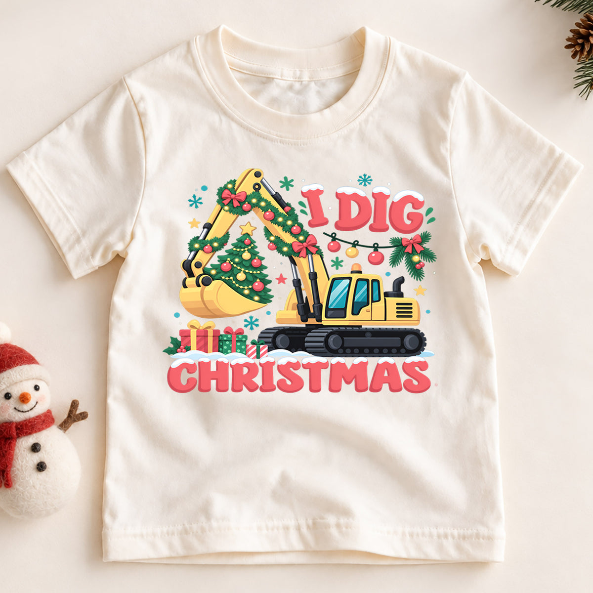 I Dig Christmas Shirt, Construction Excavator Kids T-Shirt, Cute Digger Toddler Xmas Tee, Holiday Tree Construction Outfit, Christmas Gift — product view 2
