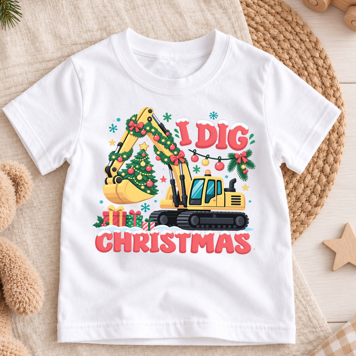 I Dig Christmas Shirt, Construction Excavator Kids T-Shirt, Cute Digger Toddler Xmas Tee, Holiday Tree Construction Outfit, Christmas Gift — product view 3
