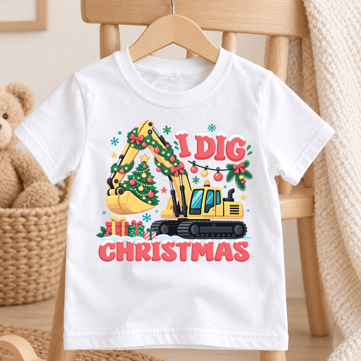 I Dig Christmas Shirt, Construction Excavator Kids T-Shirt, Cute Digger Toddler Xmas Tee, Holiday Tree Construction Outfit, Christmas Gift — product view 4