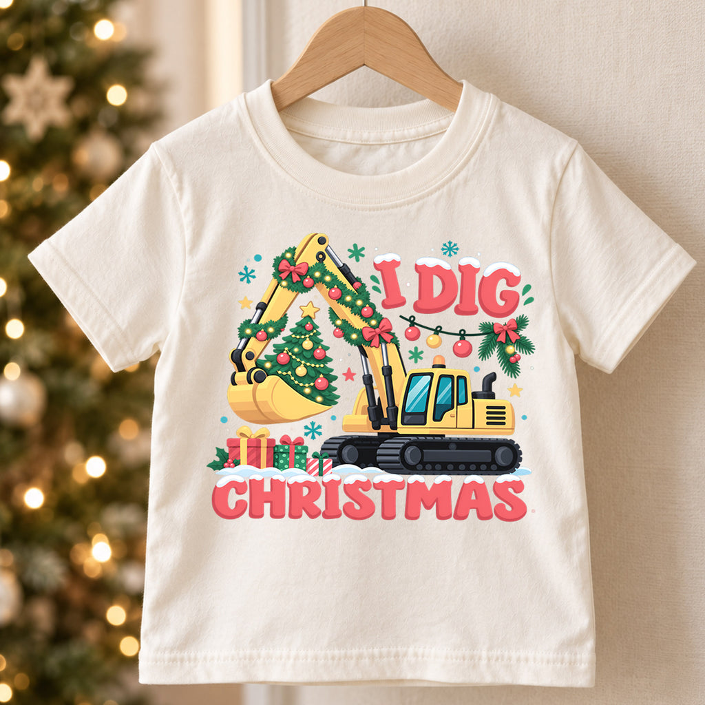 I Dig Christmas Shirt, Construction Excavator Kids T-Shirt, Cute Digger Toddler Xmas Tee, Holiday Tree Construction Outfit, Christmas Gift — product view 5