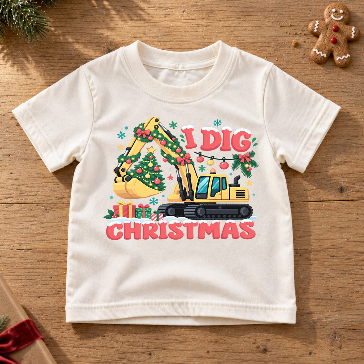 I Dig Christmas Shirt, Construction Excavator Kids T-Shirt, Cute Digger Toddler Xmas Tee, Holiday Tree Construction Outfit, Christmas Gift — product view 6
