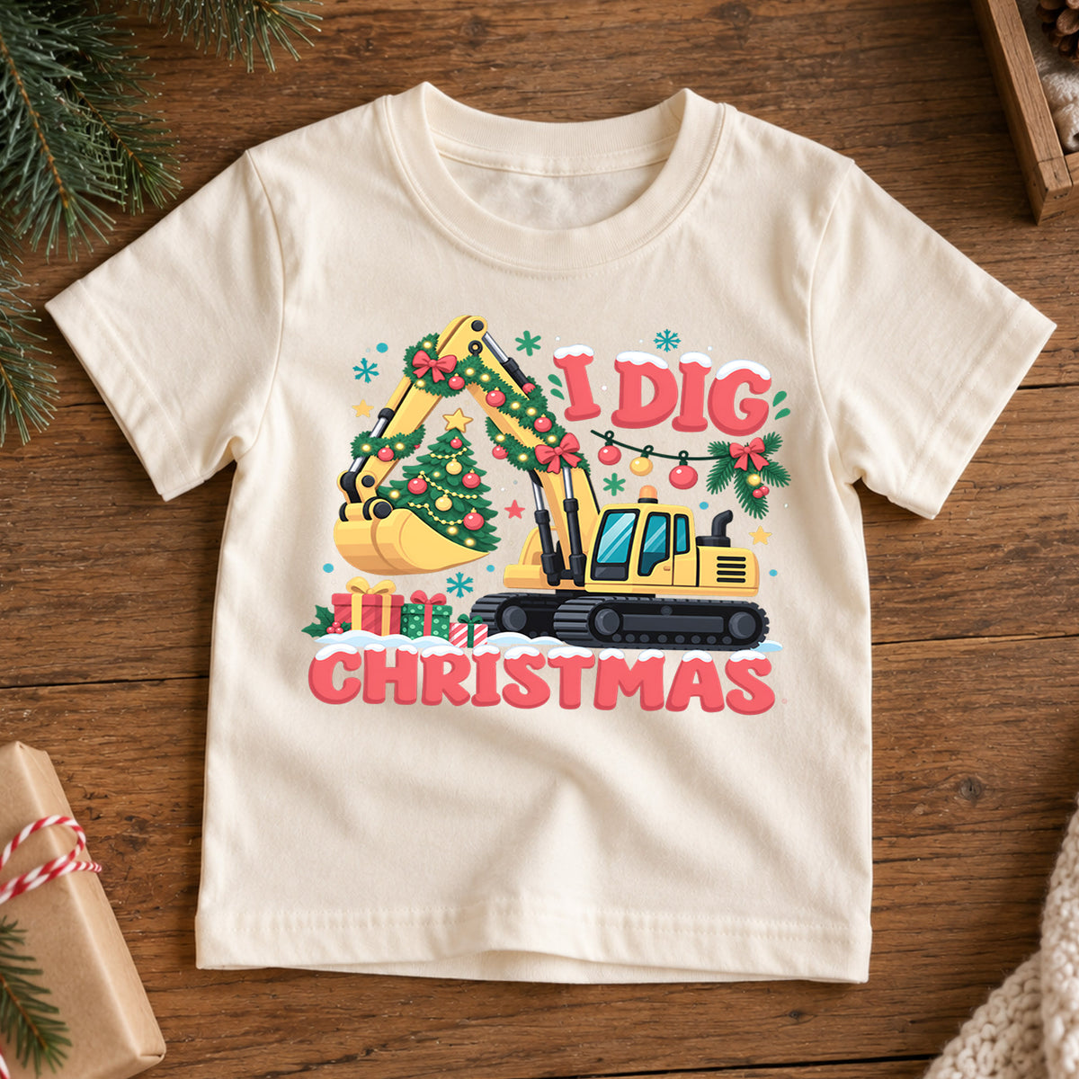 I Dig Christmas Shirt, Construction Excavator Kids T-Shirt, Cute Digger Toddler Xmas Tee, Holiday Tree Construction Outfit, Christmas Gift — product view 7