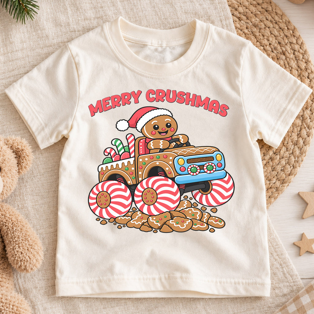 Merry Crushmas Shirt, Gingerbread Man Monster Truck T-Shirt, Peppermint Candy Wheels Kids Tee, Cute Holiday Toddler Top, Xmas Monster Truck — product view 1