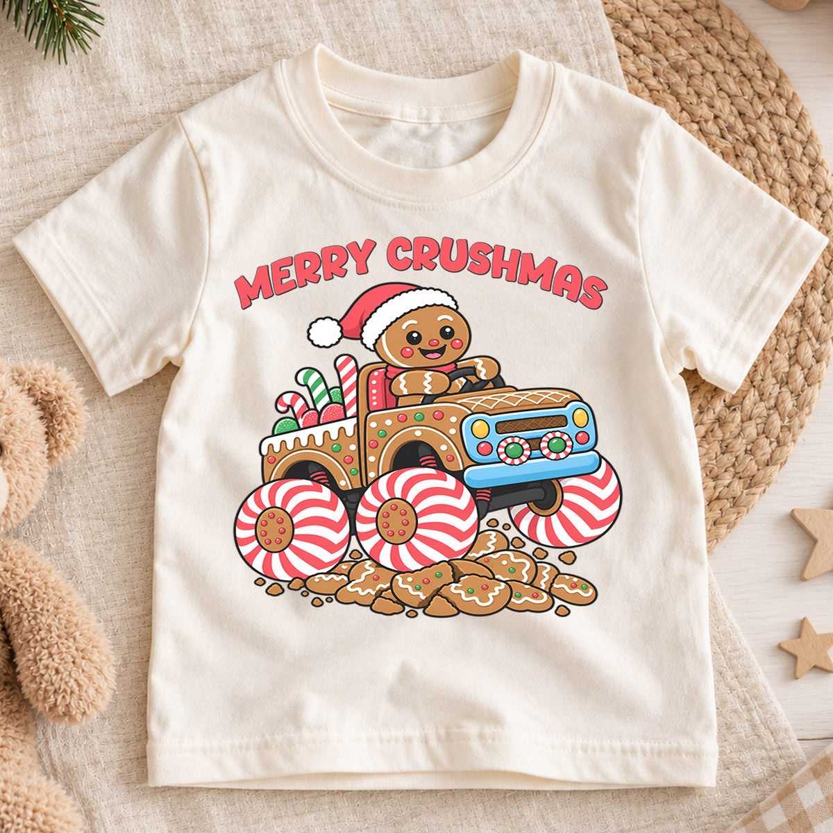 Merry Crushmas Shirt, Gingerbread Man Monster Truck T-Shirt, Peppermint Candy Wheels Kids Tee, Cute Holiday Toddler Top, Xmas Monster Truck — product view 1