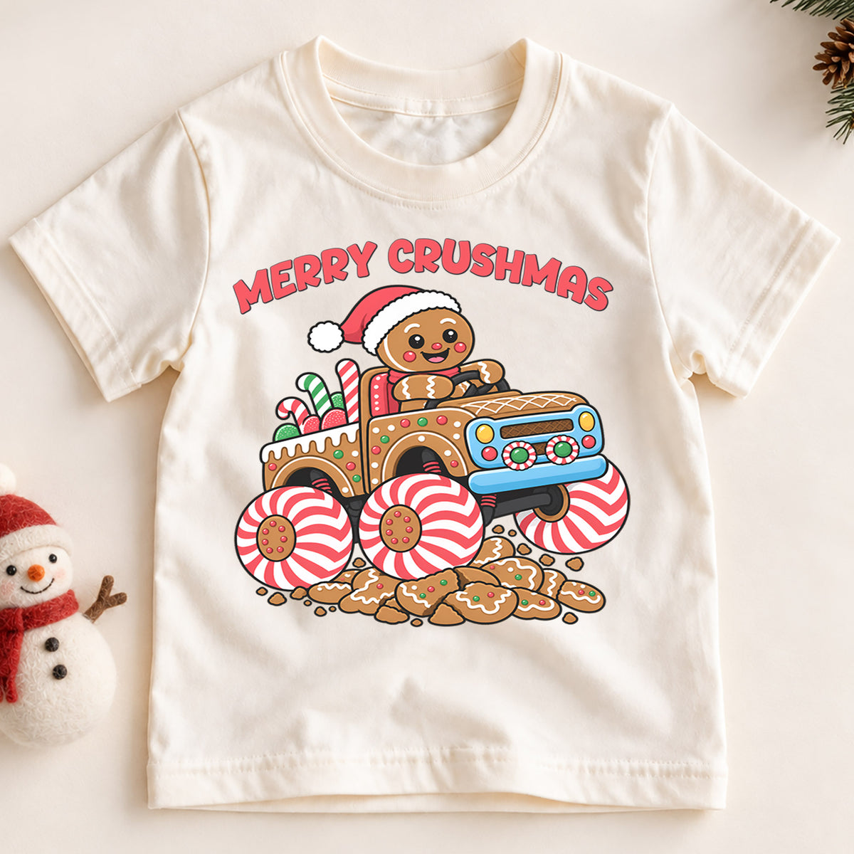 Merry Crushmas Shirt, Gingerbread Man Monster Truck T-Shirt, Peppermint Candy Wheels Kids Tee, Cute Holiday Toddler Top, Xmas Monster Truck — product view 2