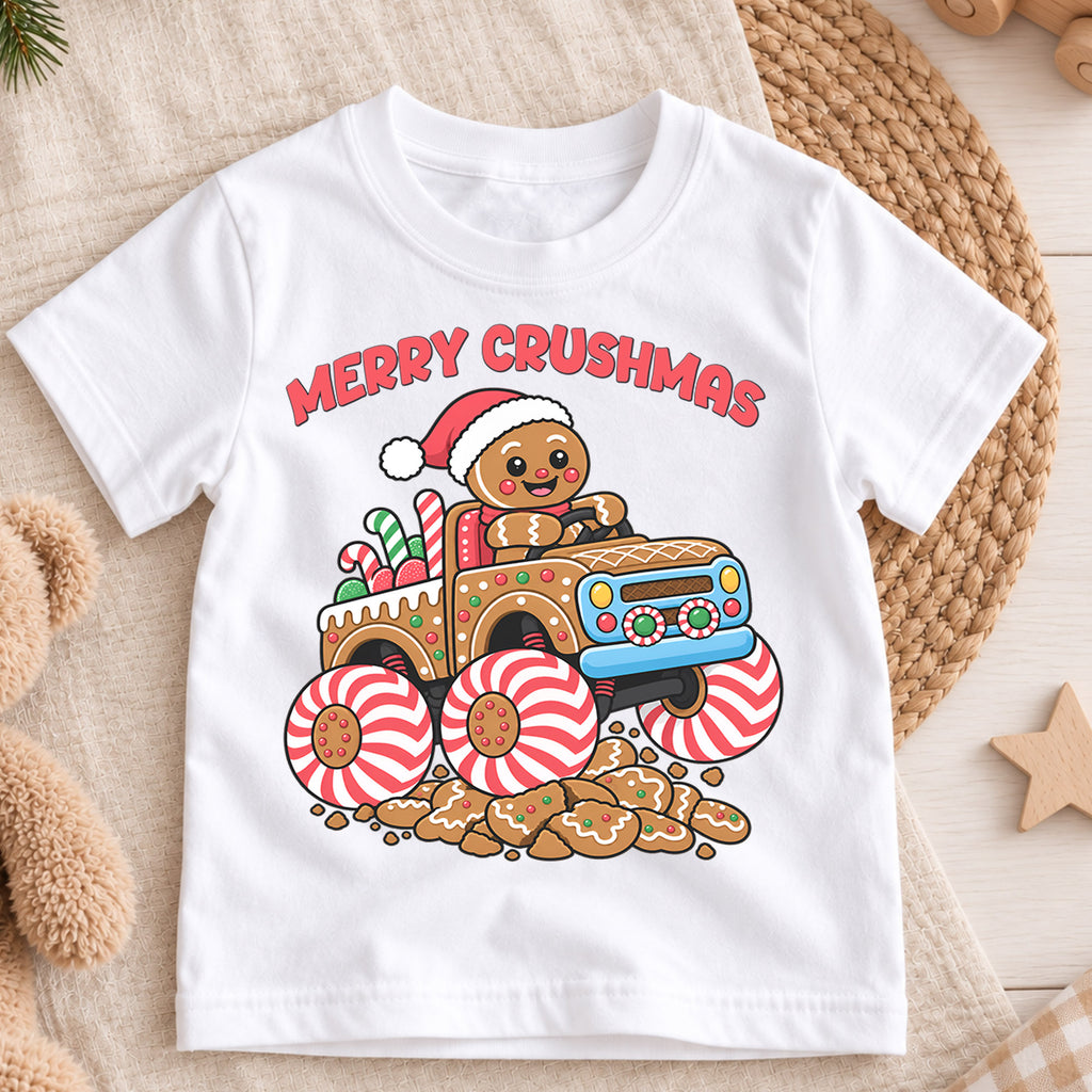 Merry Crushmas Shirt, Gingerbread Man Monster Truck T-Shirt, Peppermint Candy Wheels Kids Tee, Cute Holiday Toddler Top, Xmas Monster Truck — product view 3