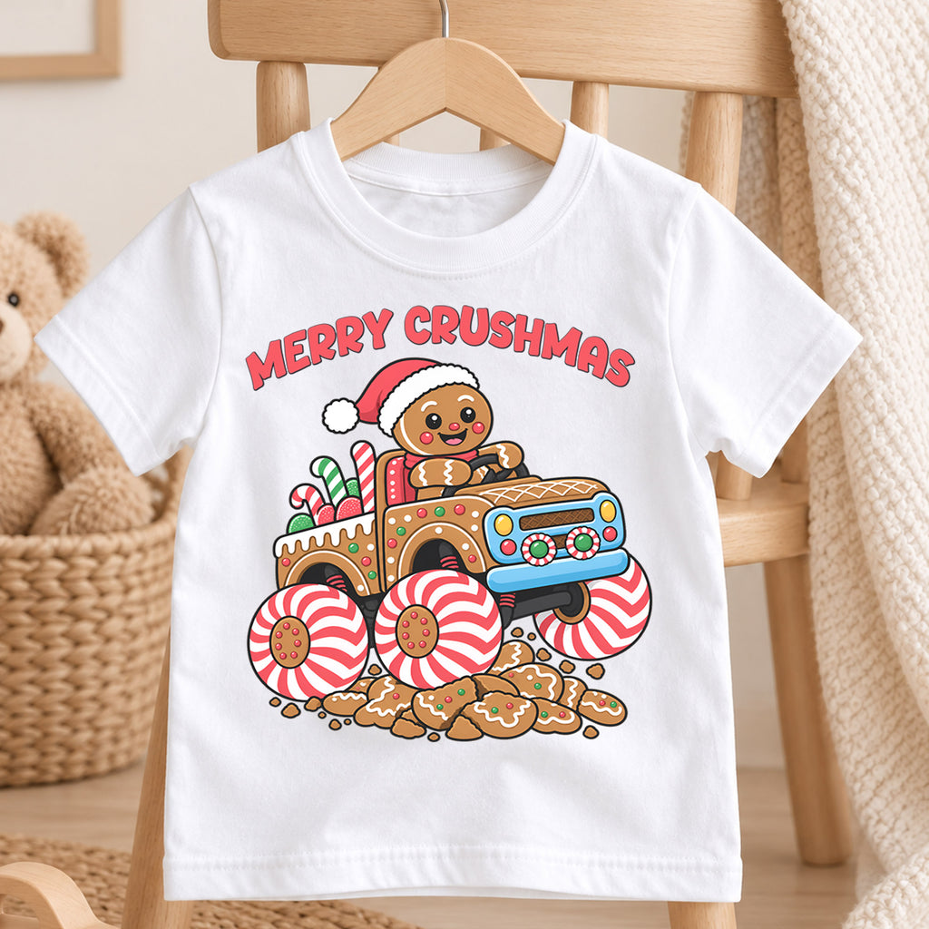 Merry Crushmas Shirt, Gingerbread Man Monster Truck T-Shirt, Peppermint Candy Wheels Kids Tee, Cute Holiday Toddler Top, Xmas Monster Truck — product view 4