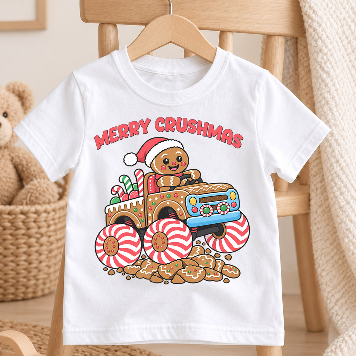 Merry Crushmas Shirt, Gingerbread Man Monster Truck T-Shirt, Peppermint Candy Wheels Kids Tee, Cute Holiday Toddler Top, Xmas Monster Truck — product view 4