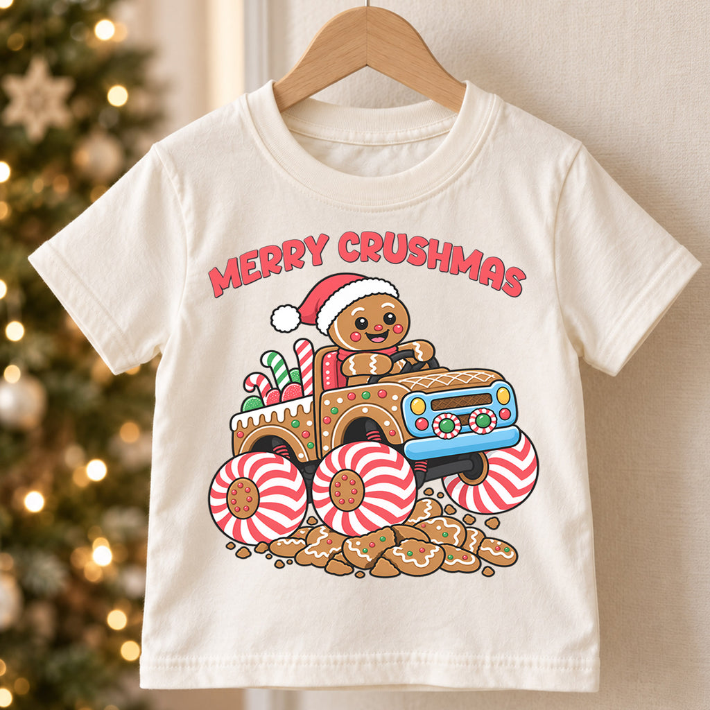 Merry Crushmas Shirt, Gingerbread Man Monster Truck T-Shirt, Peppermint Candy Wheels Kids Tee, Cute Holiday Toddler Top, Xmas Monster Truck — product view 5