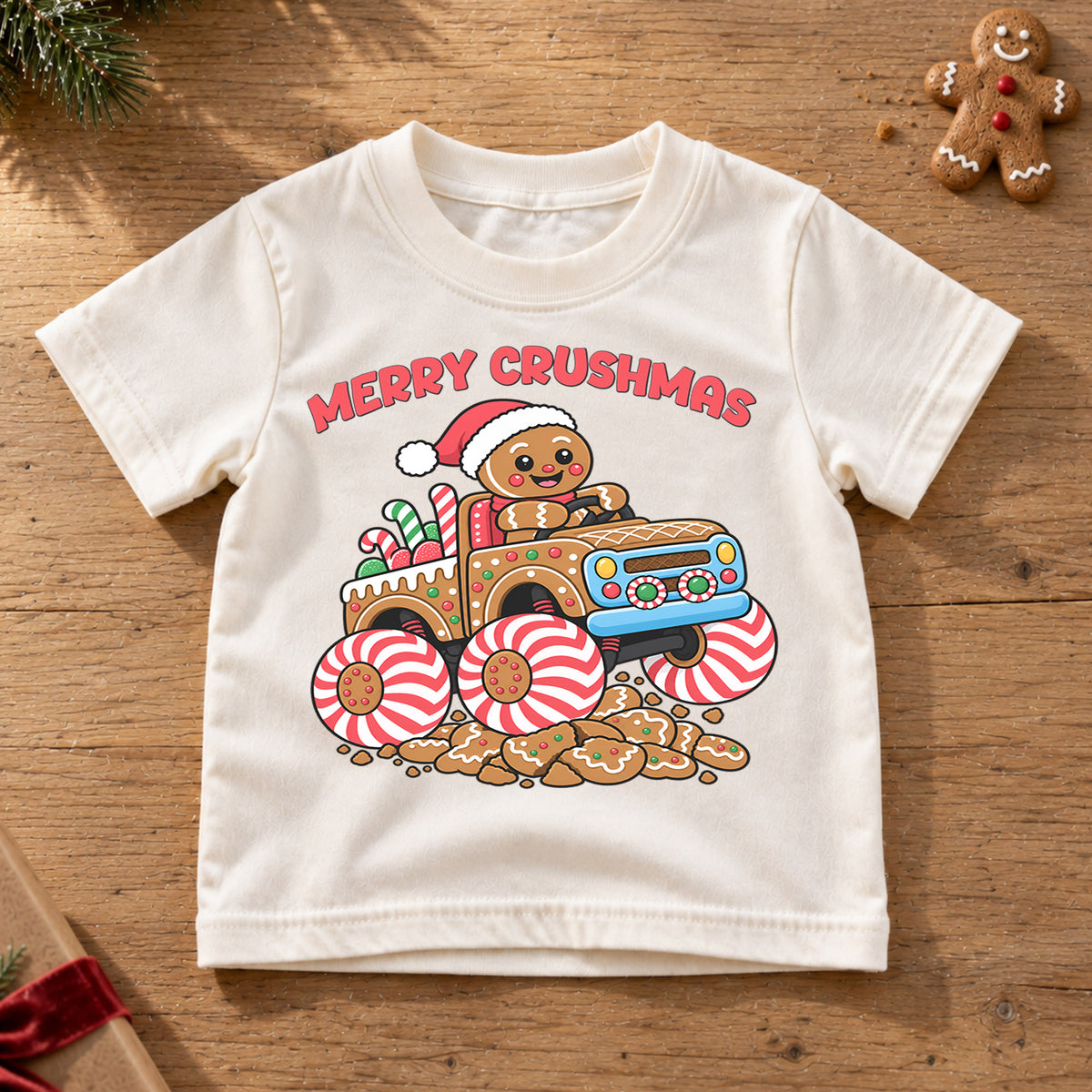 Merry Crushmas Shirt, Gingerbread Man Monster Truck T-Shirt, Peppermint Candy Wheels Kids Tee, Cute Holiday Toddler Top, Xmas Monster Truck — product view 6
