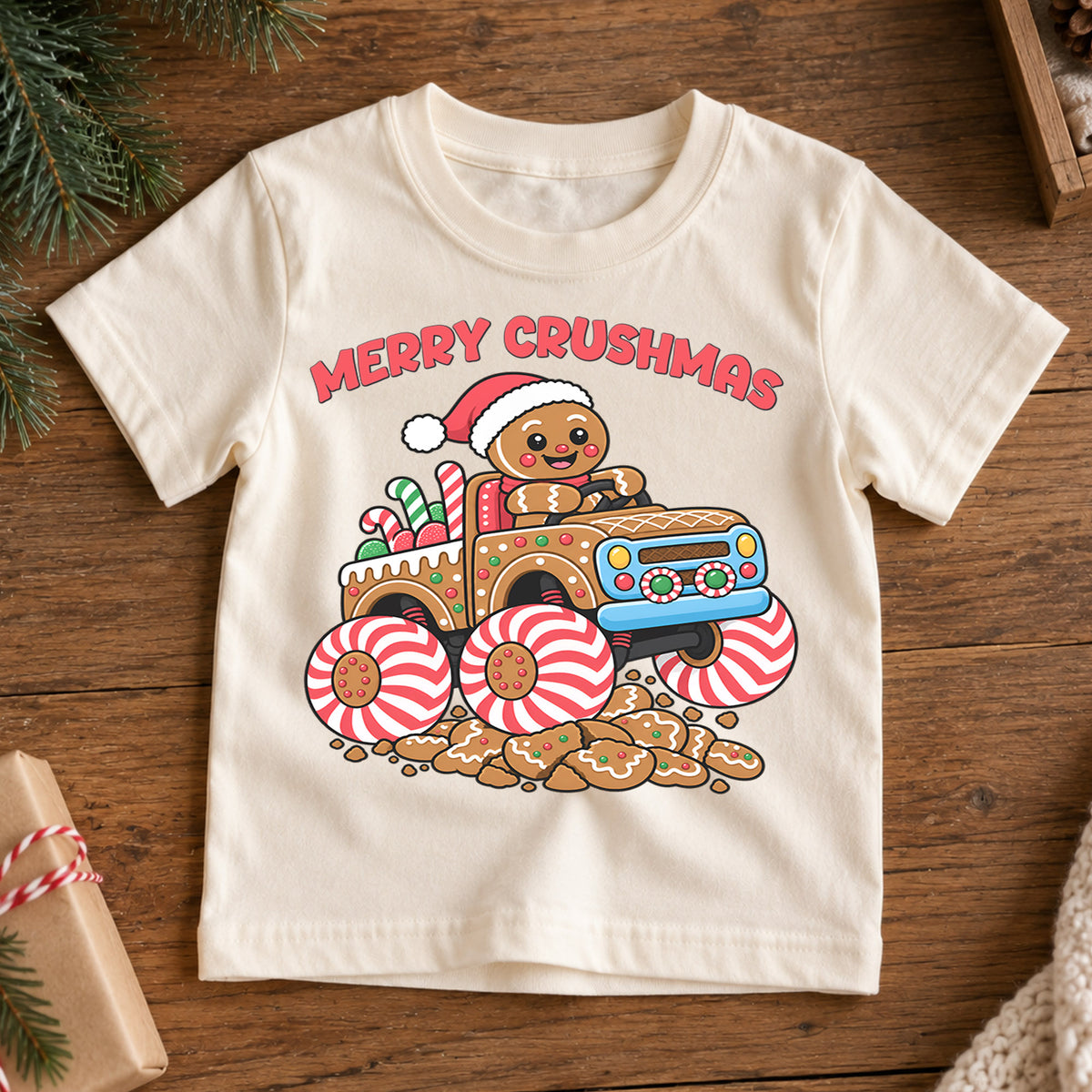Merry Crushmas Shirt, Gingerbread Man Monster Truck T-Shirt, Peppermint Candy Wheels Kids Tee, Cute Holiday Toddler Top, Xmas Monster Truck — product view 7