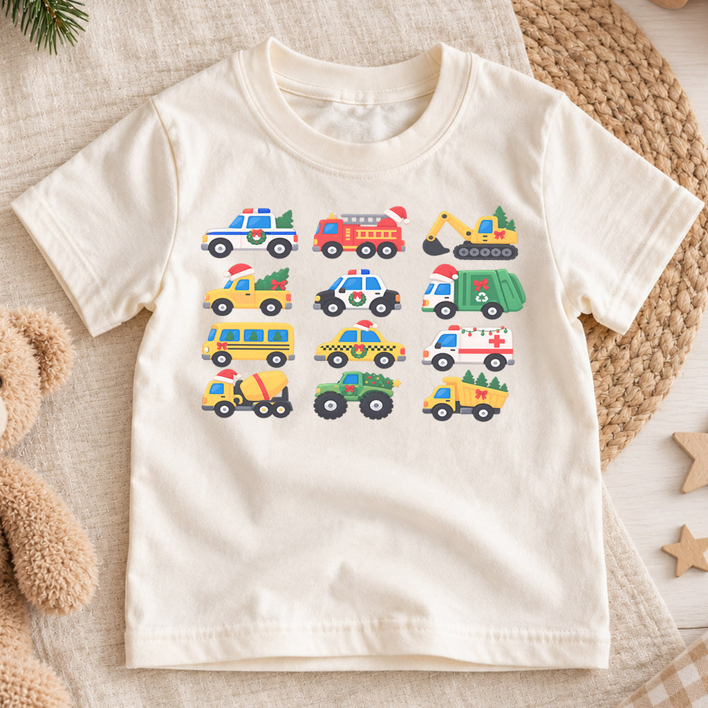 Christmas Vehicle Kids Shirt, Festive Construction Trucks and Emergency Cars Tee, Toddler Holiday Gift — product view 1