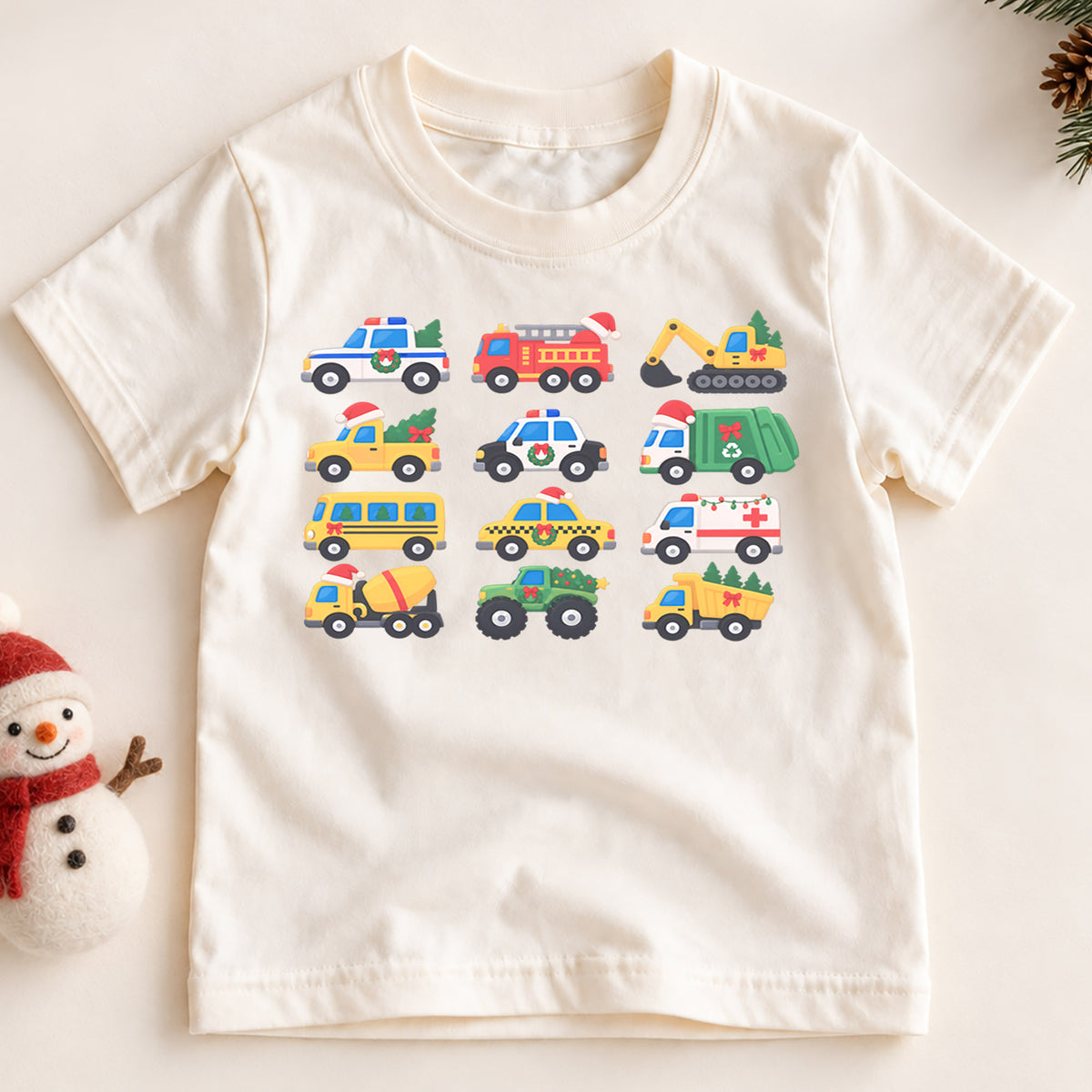 Christmas Vehicle Kids Shirt, Festive Construction Trucks and Emergency Cars Tee, Toddler Holiday Gift — product view 2