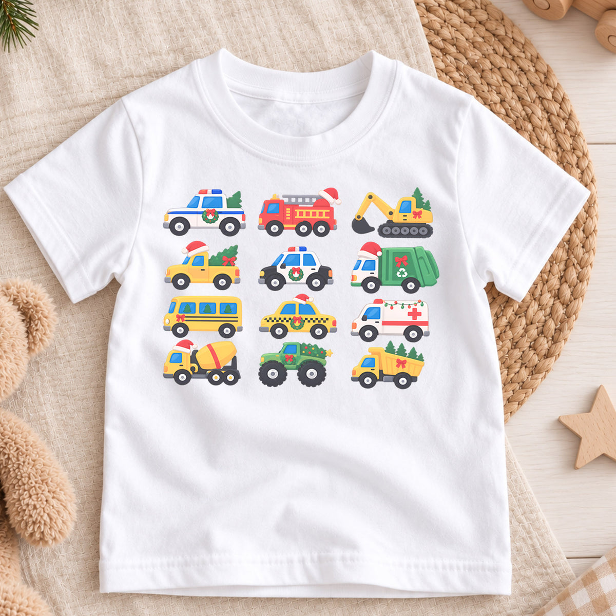 Christmas Vehicle Kids Shirt, Festive Construction Trucks and Emergency Cars Tee, Toddler Holiday Gift — product view 3