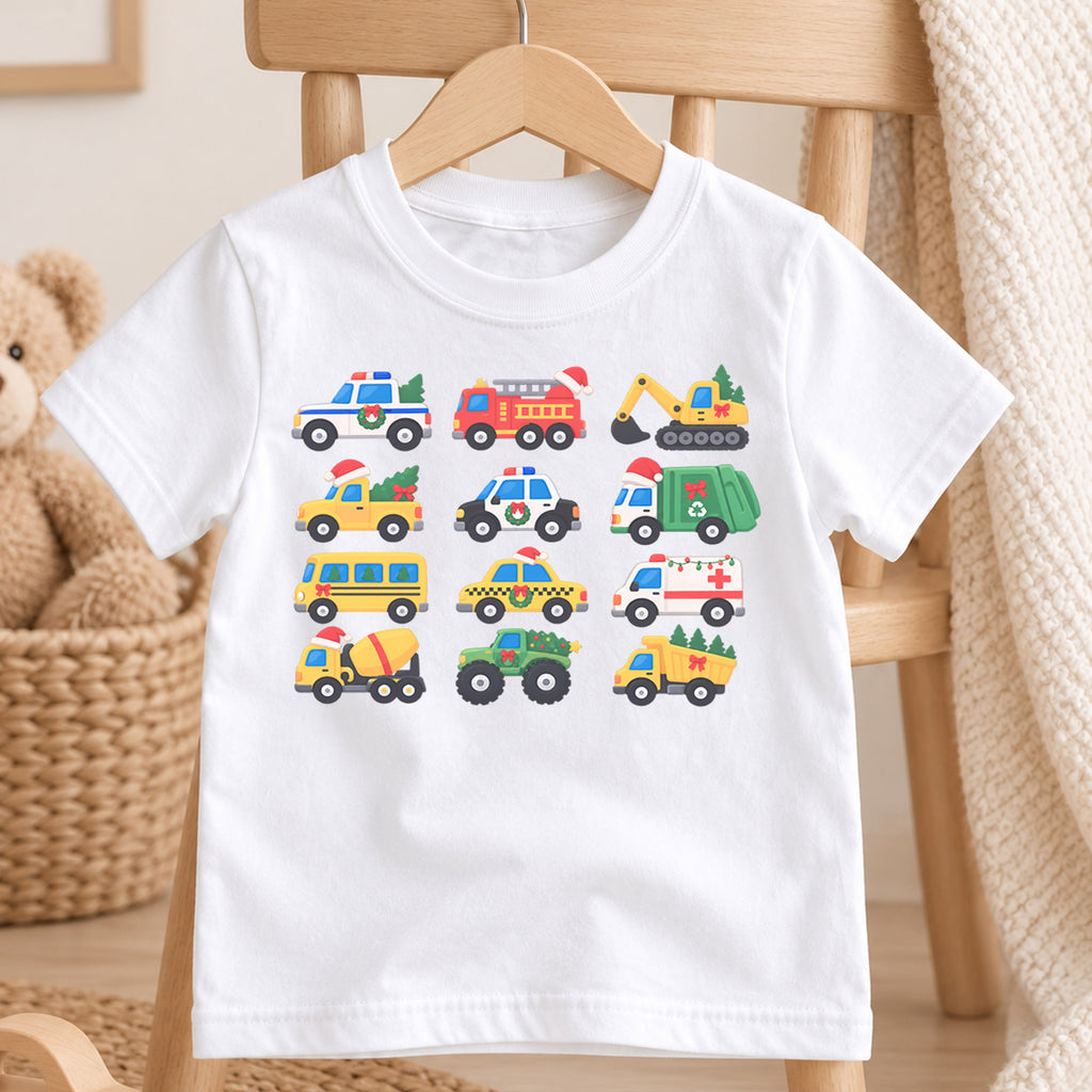 Christmas Vehicle Kids Shirt, Festive Construction Trucks and Emergency Cars Tee, Toddler Holiday Gift — product view 4