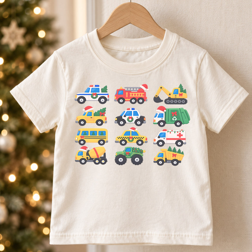 Christmas Vehicle Kids Shirt, Festive Construction Trucks and Emergency Cars Tee, Toddler Holiday Gift — product view 5