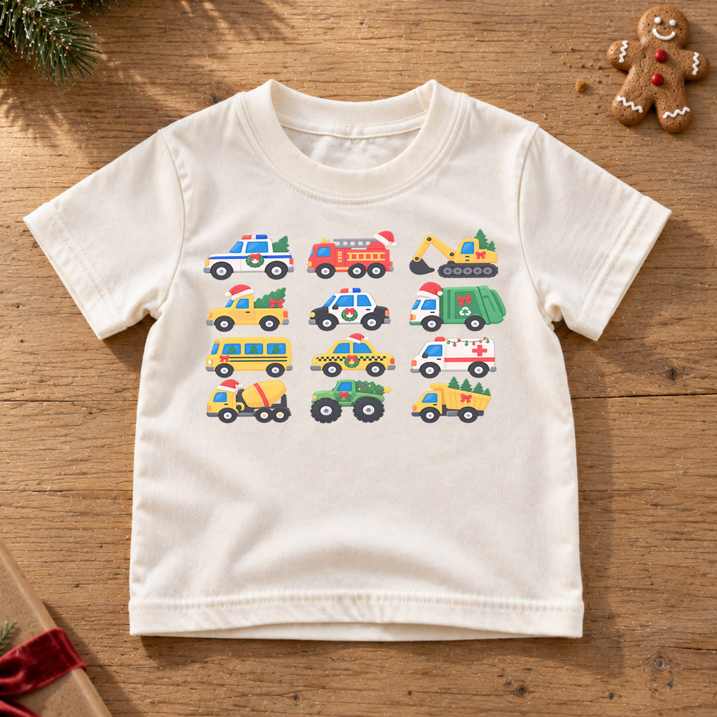 Christmas Vehicle Kids Shirt, Festive Construction Trucks and Emergency Cars Tee, Toddler Holiday Gift — product view 6