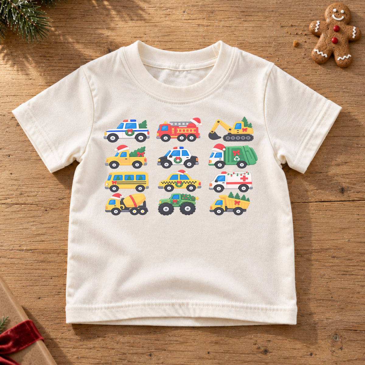Christmas Vehicle Kids Shirt, Festive Construction Trucks and Emergency Cars Tee, Toddler Holiday Gift — product view 6