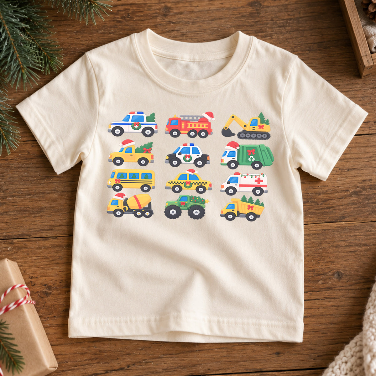Christmas Vehicle Kids Shirt, Festive Construction Trucks and Emergency Cars Tee, Toddler Holiday Gift — product view 7