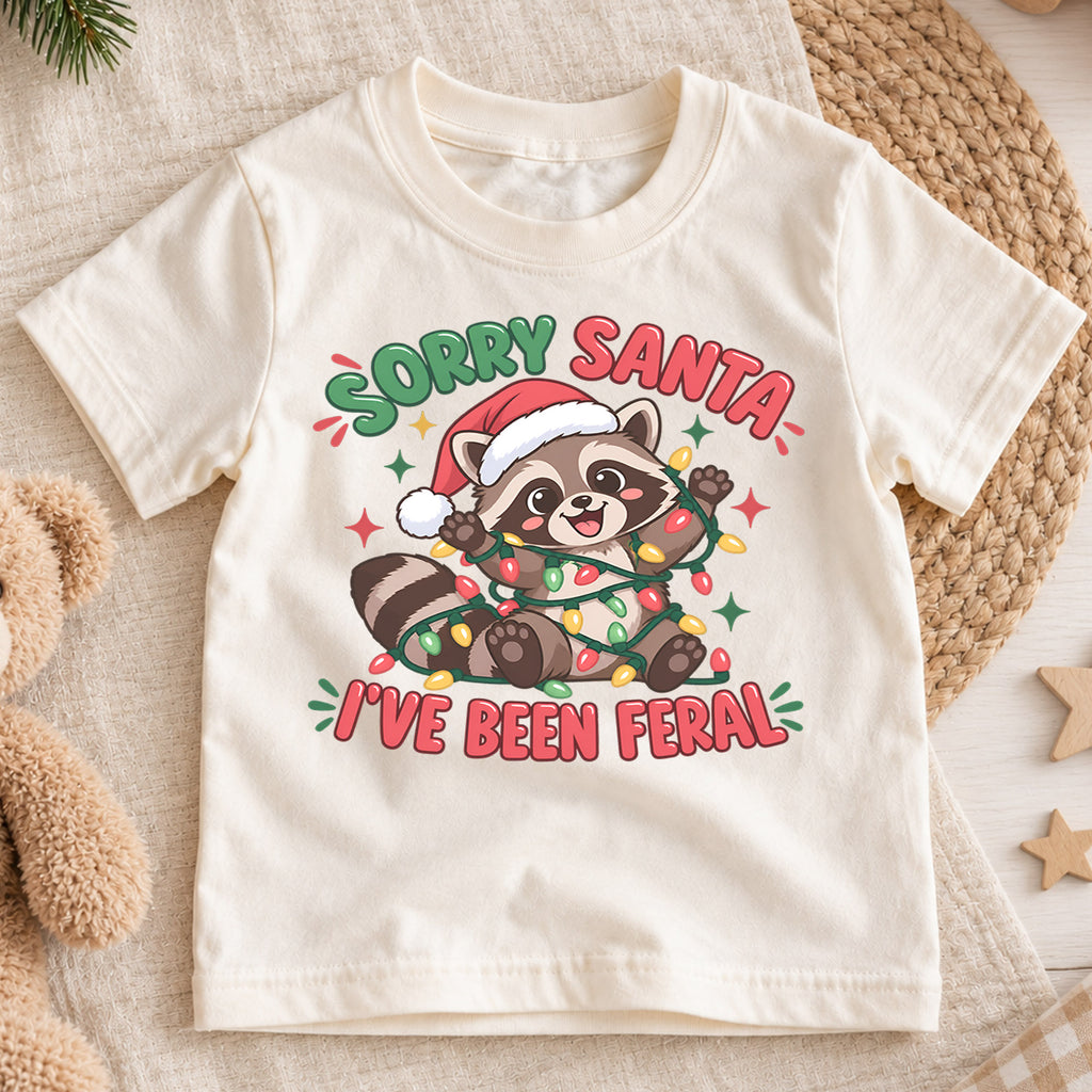 Sorry Santa I've Been Feral Raccoon Christmas Shirt, Funny Animal Holiday Tee for Kids and Toddlers — product view 1
