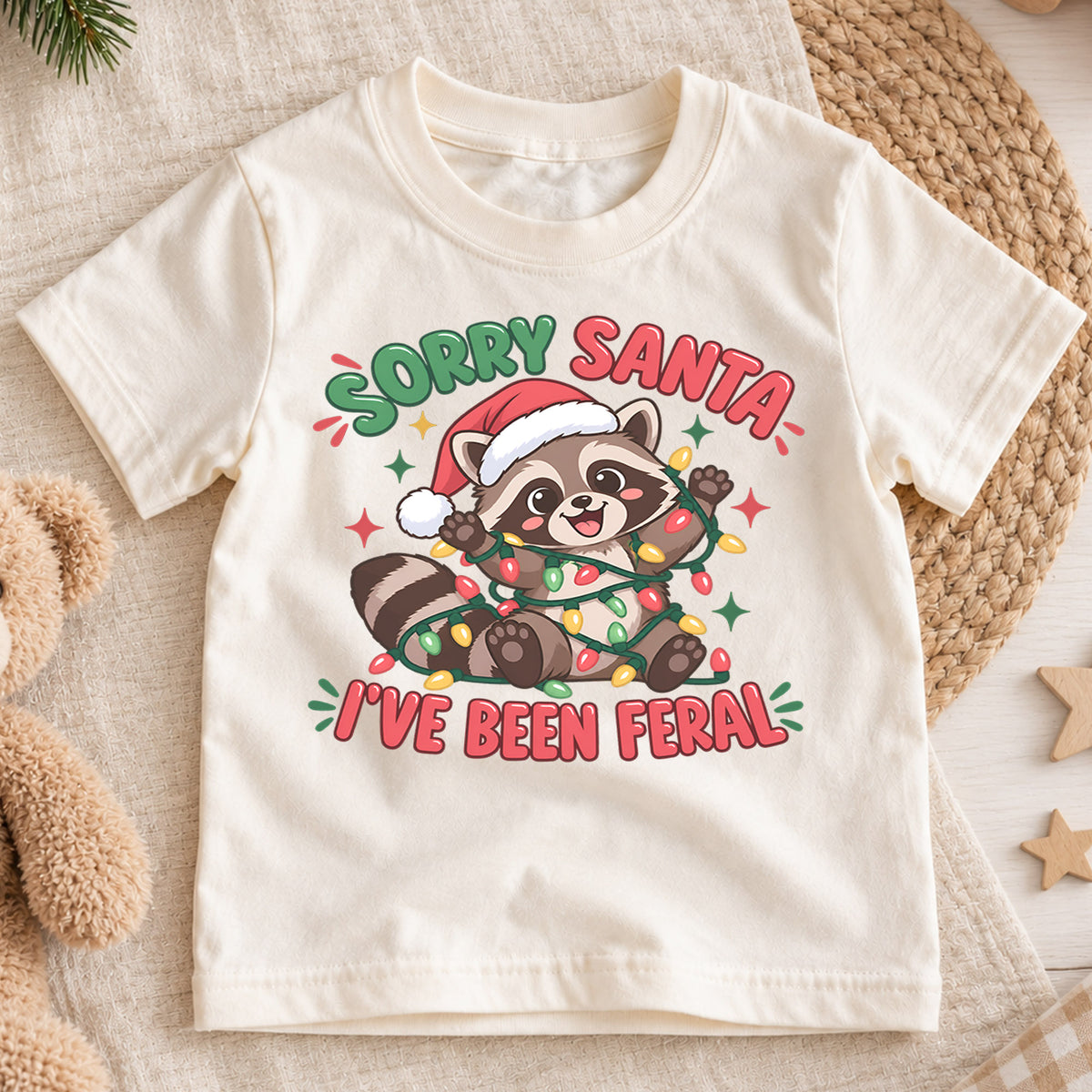 Sorry Santa I've Been Feral Raccoon Christmas Shirt, Funny Animal Holiday Tee for Kids and Toddlers — product view 1