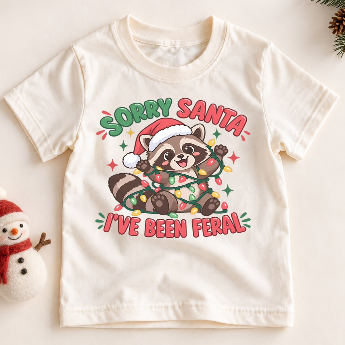 Sorry Santa I've Been Feral Raccoon Christmas Shirt, Funny Animal Holiday Tee for Kids and Toddlers — product view 2