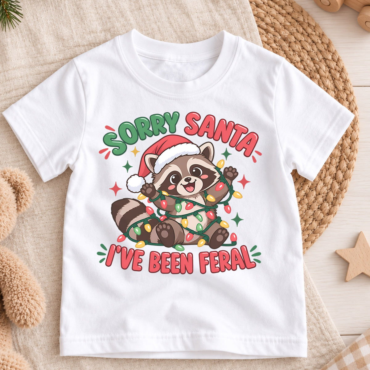 Sorry Santa I've Been Feral Raccoon Christmas Shirt, Funny Animal Holiday Tee for Kids and Toddlers — product view 3