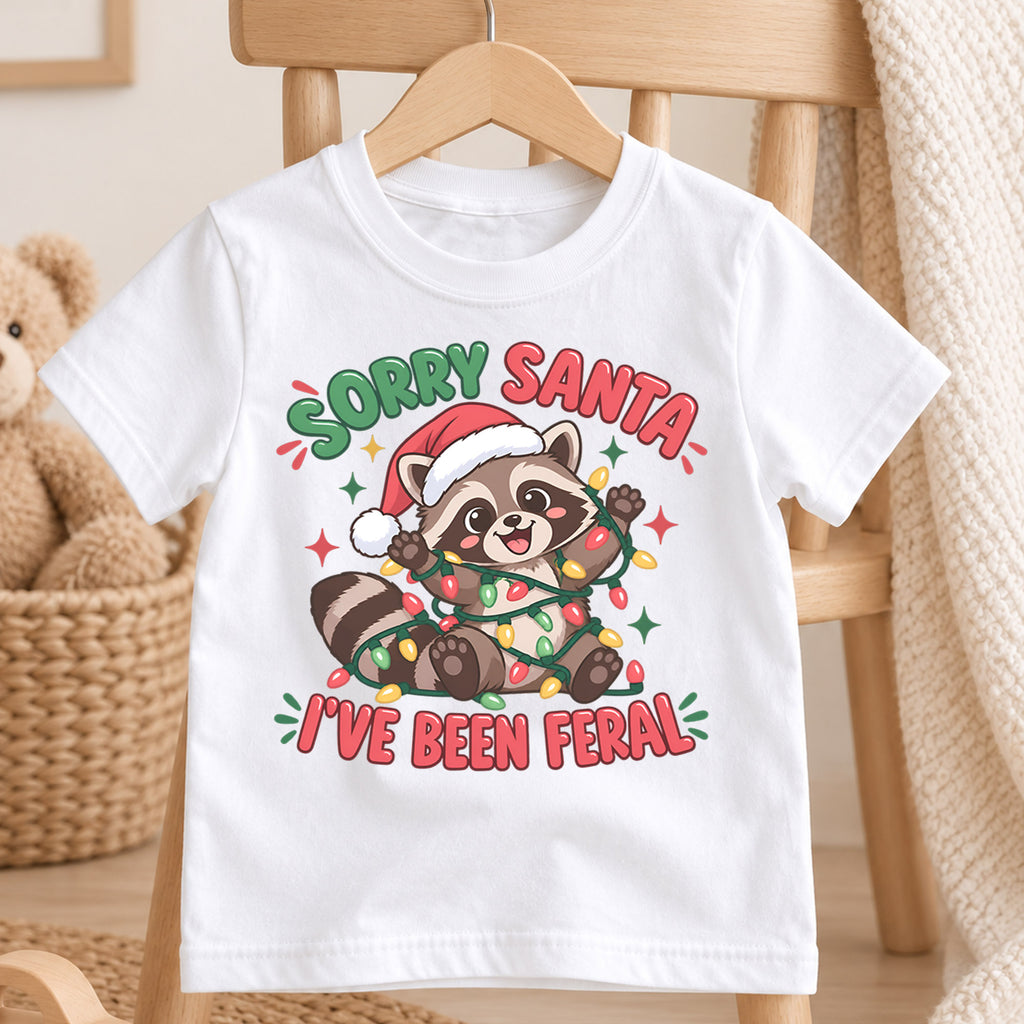 Sorry Santa I've Been Feral Raccoon Christmas Shirt, Funny Animal Holiday Tee for Kids and Toddlers — product view 4