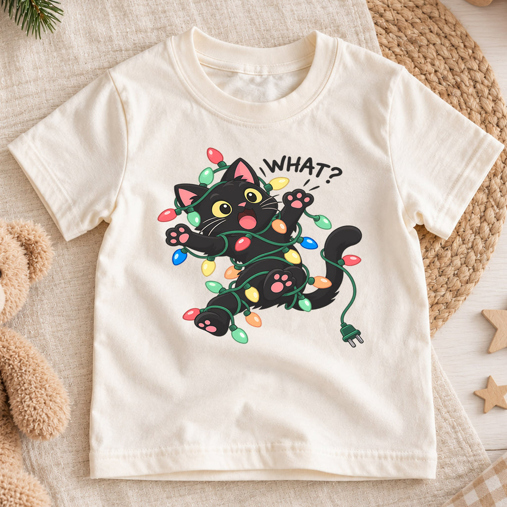 Funny Black Cat Christmas Shirt, What Cat Tangled in Lights Kids Holiday Tee, Cute Kitty Gift — product view 1