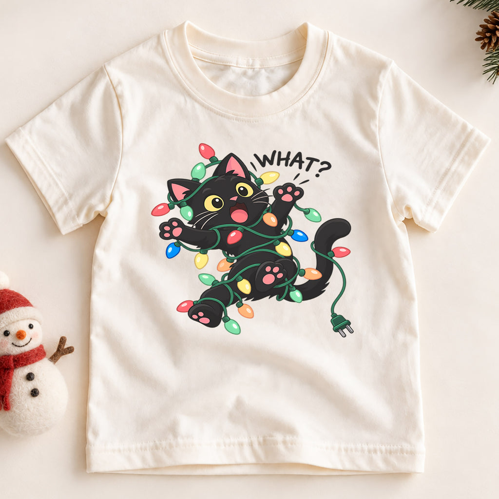 Funny Black Cat Christmas Shirt, What Cat Tangled in Lights Kids Holiday Tee, Cute Kitty Gift — product view 2