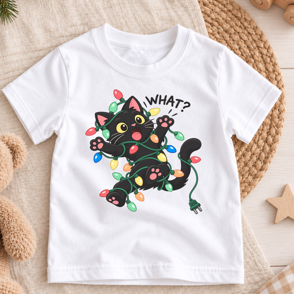 Funny Black Cat Christmas Shirt, What Cat Tangled in Lights Kids Holiday Tee, Cute Kitty Gift — product view 3