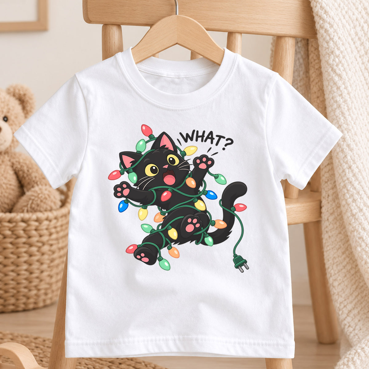 Funny Black Cat Christmas Shirt, What Cat Tangled in Lights Kids Holiday Tee, Cute Kitty Gift — product view 4