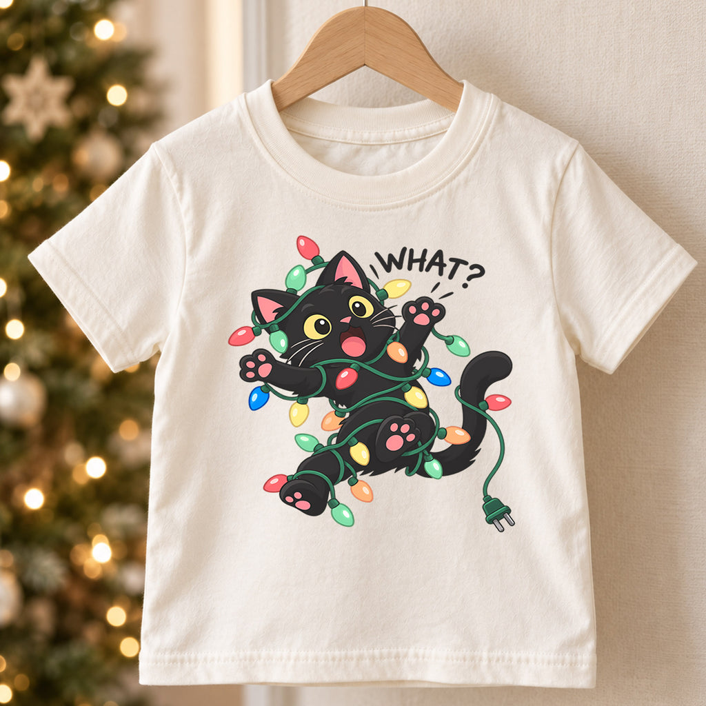 Funny Black Cat Christmas Shirt, What Cat Tangled in Lights Kids Holiday Tee, Cute Kitty Gift — product view 5