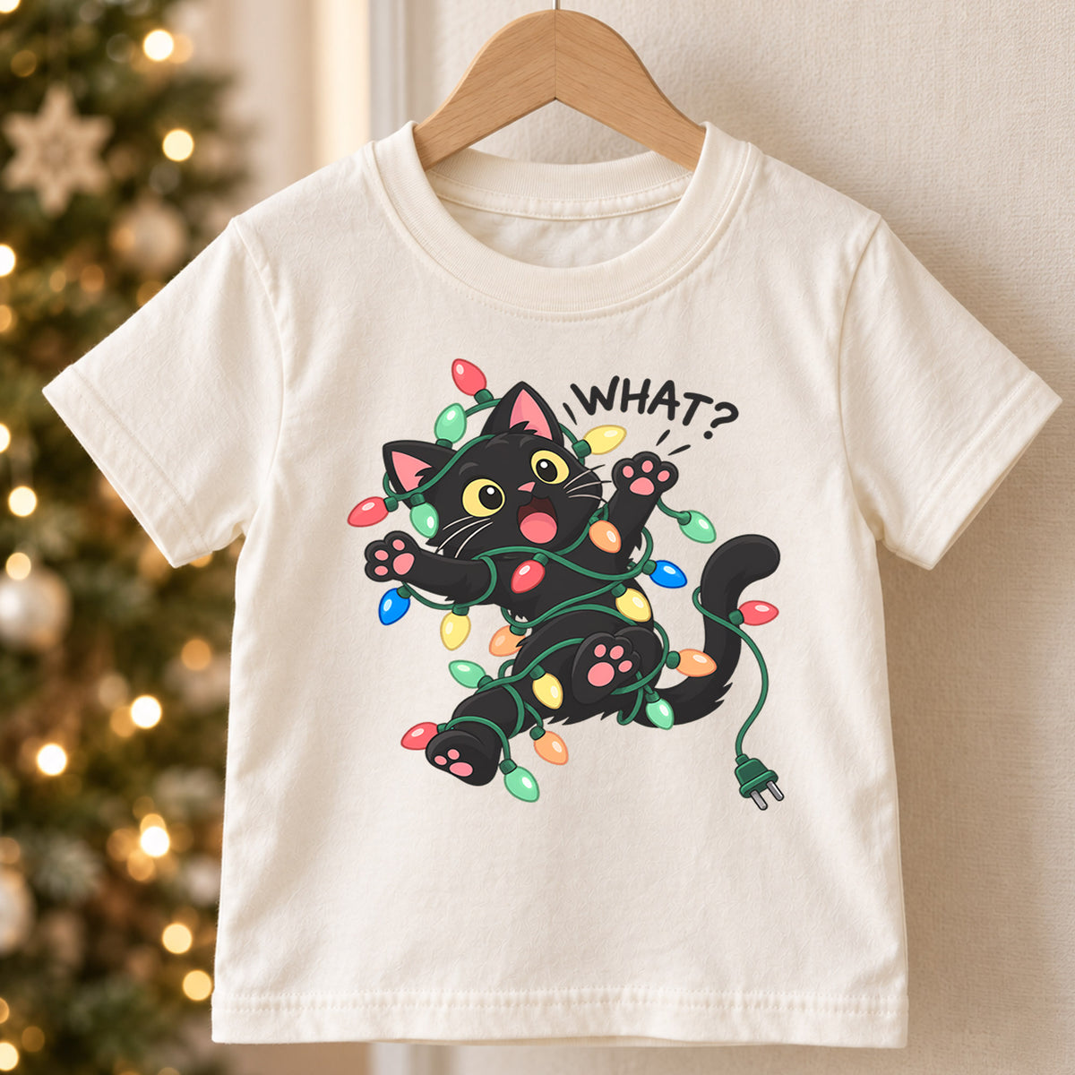 Funny Black Cat Christmas Shirt, What Cat Tangled in Lights Kids Holiday Tee, Cute Kitty Gift — product view 5