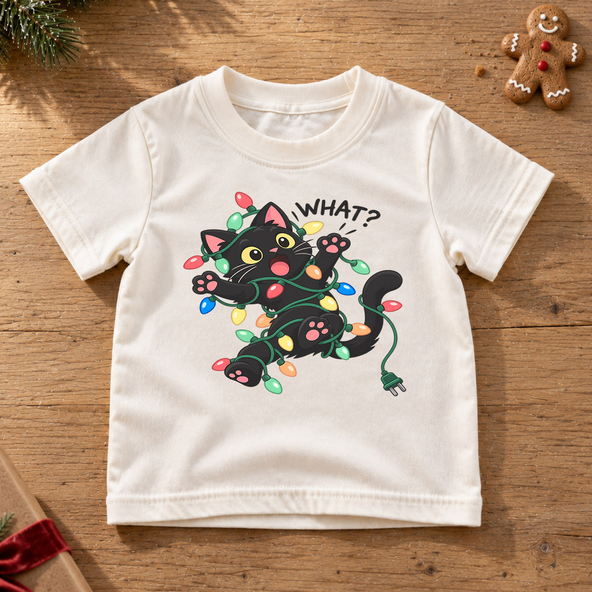 Funny Black Cat Christmas Shirt, What Cat Tangled in Lights Kids Holiday Tee, Cute Kitty Gift — product view 6