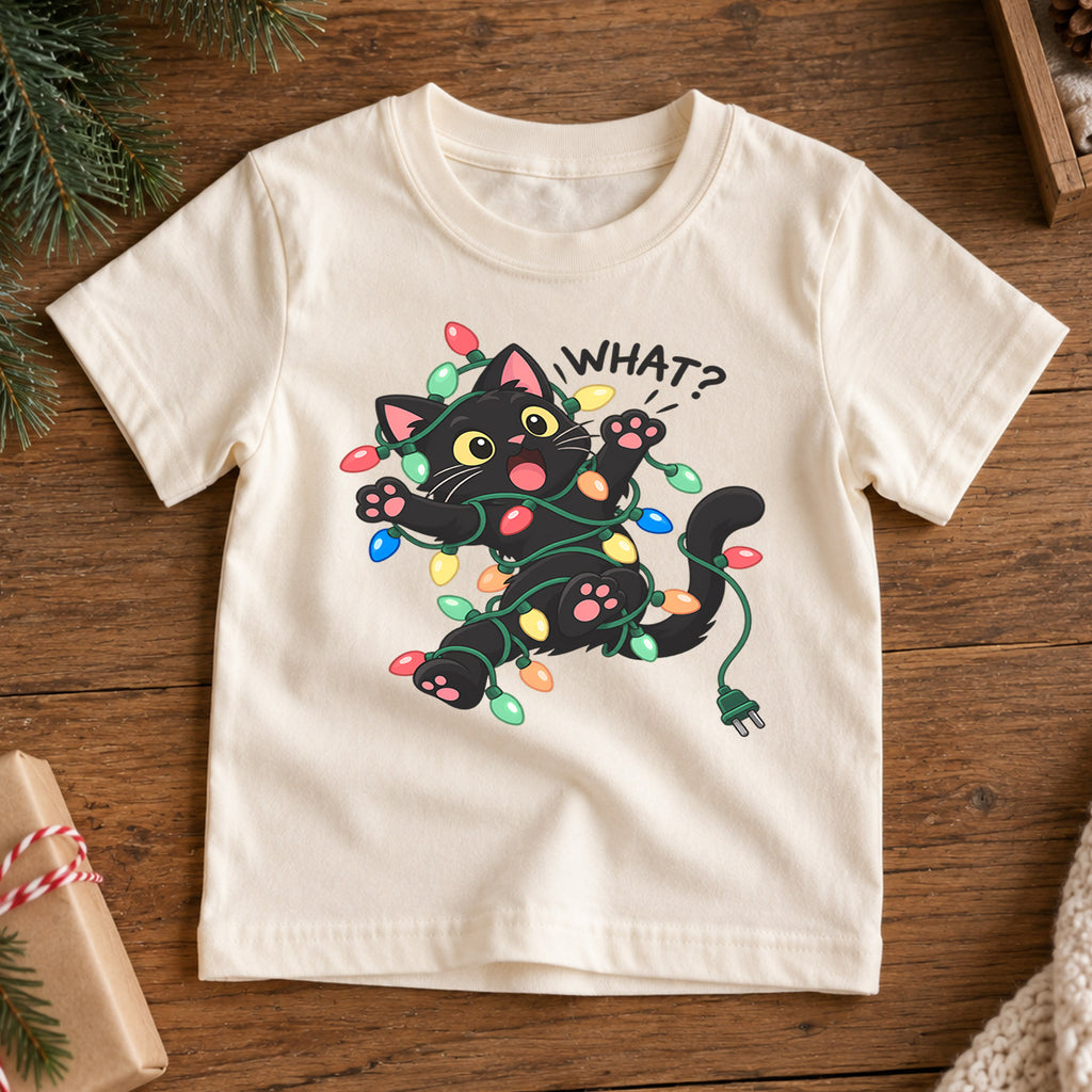 Funny Black Cat Christmas Shirt, What Cat Tangled in Lights Kids Holiday Tee, Cute Kitty Gift — product view 7