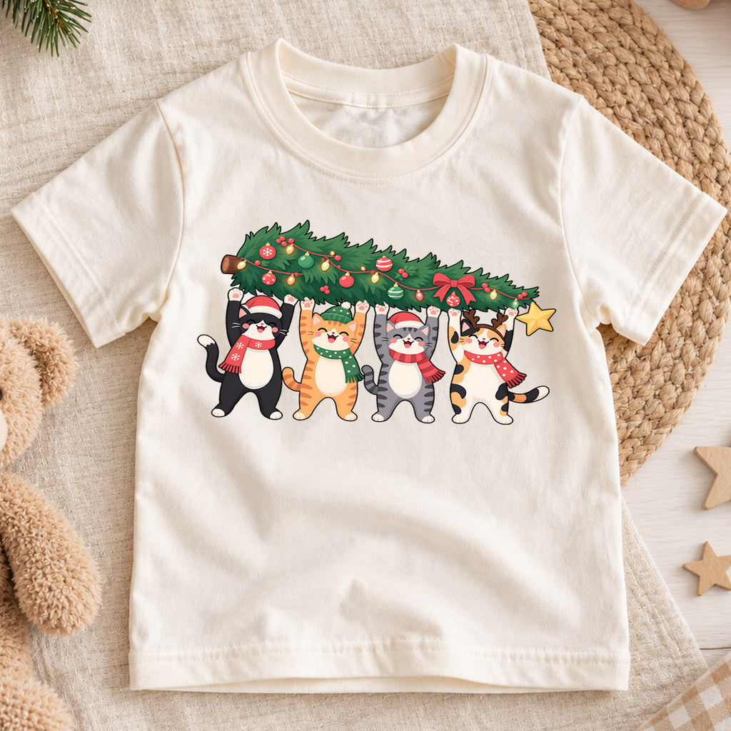 Christmas Cats Kids Shirt, Four Cute Cats Holding Christmas Tree Tee, Funny Cat Lover Holiday Gift — product view 1