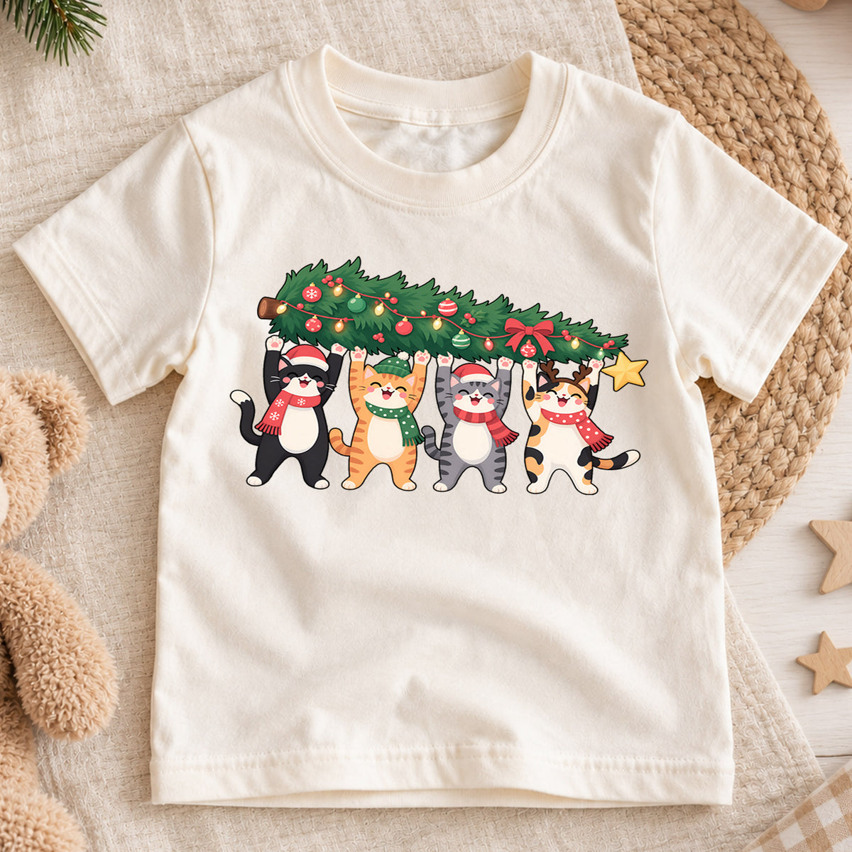 Christmas Cats Kids Shirt, Four Cute Cats Holding Christmas Tree Tee, Funny Cat Lover Holiday Gift — product view 1