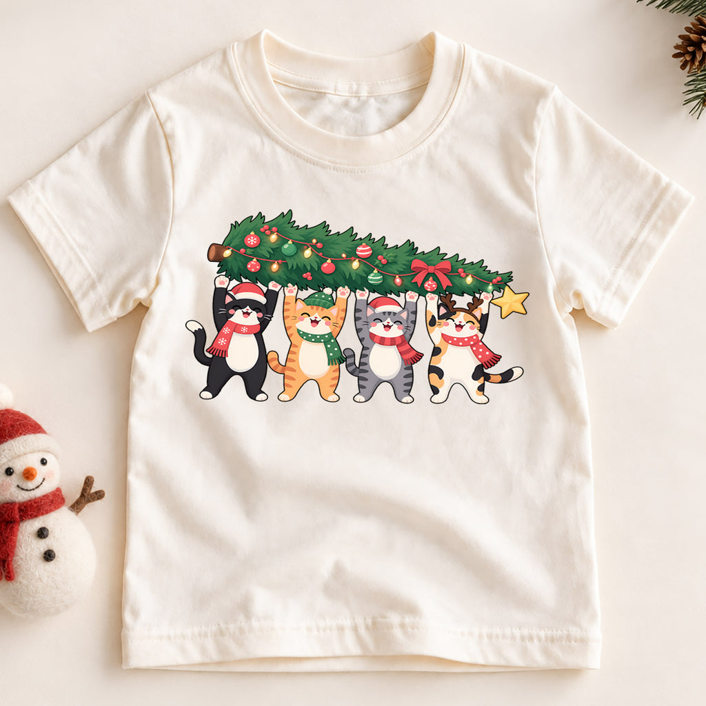 Christmas Cats Kids Shirt, Four Cute Cats Holding Christmas Tree Tee, Funny Cat Lover Holiday Gift — product view 2
