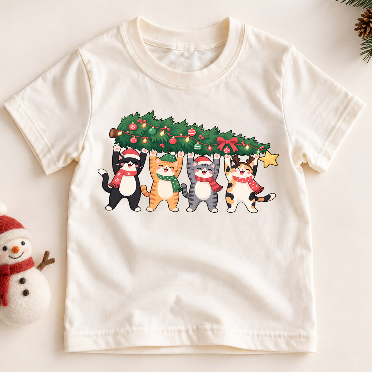 Christmas Cats Kids Shirt, Four Cute Cats Holding Christmas Tree Tee, Funny Cat Lover Holiday Gift — product view 2