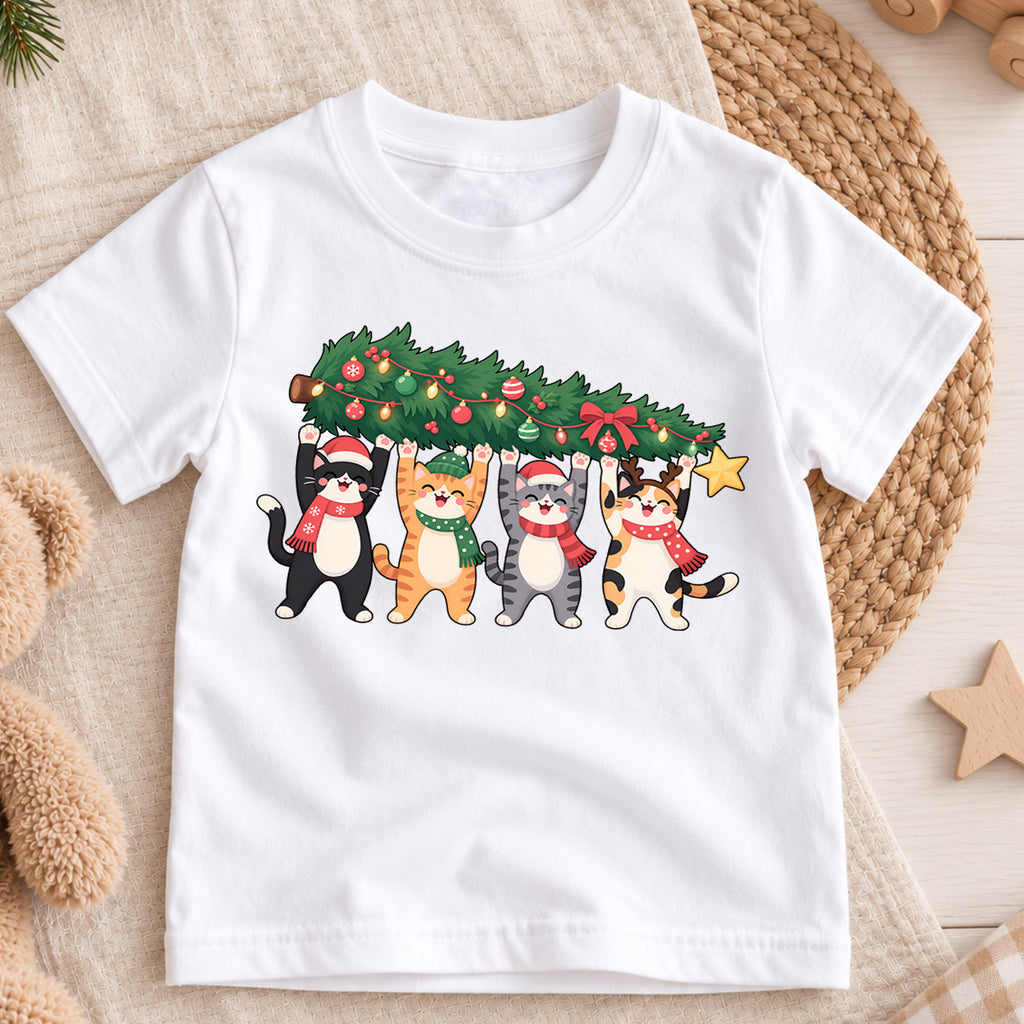 Christmas Cats Kids Shirt, Four Cute Cats Holding Christmas Tree Tee, Funny Cat Lover Holiday Gift — product view 3
