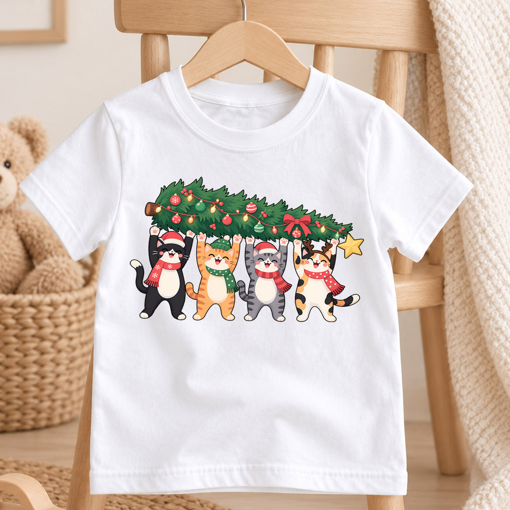 Christmas Cats Kids Shirt, Four Cute Cats Holding Christmas Tree Tee, Funny Cat Lover Holiday Gift — product view 4
