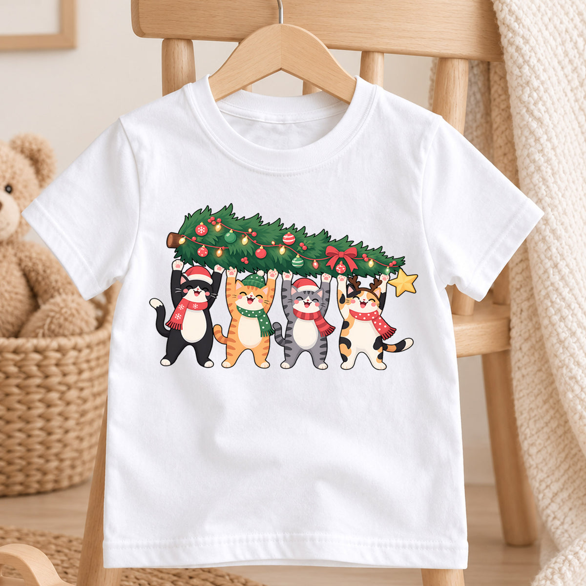 Christmas Cats Kids Shirt, Four Cute Cats Holding Christmas Tree Tee, Funny Cat Lover Holiday Gift — product view 4