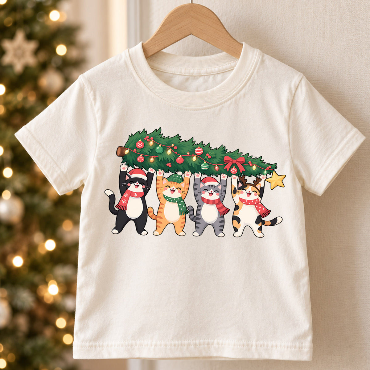Christmas Cats Kids Shirt, Four Cute Cats Holding Christmas Tree Tee, Funny Cat Lover Holiday Gift — product view 5